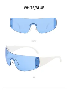 Detail of futuristic blue Y2K wraparound sunglasses with white temples and star studs