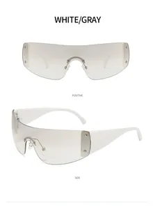Detailed front and side views of white Y2K wrap-around sunglasses with star accents