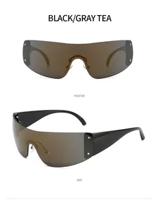 Front and side views of Y2K rimless star sunglasses in gray tea for women.
