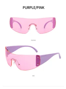 Front and side views of Y2K futuristic rimless sunglasses with pink lens and star rivets