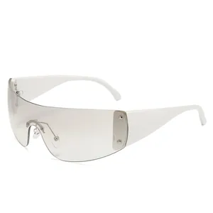 Futuristic white Y2K wrap-around sunglasses with metallic silver star hinges