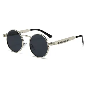 Vintage στρογγυλά steampunk γυαλιά ηλίου με ασημί μεταλλικό σκελετό και ελατήρια στους βραχίονες