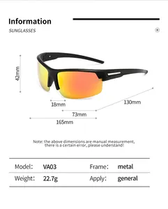 Detailed dimensions and specs for polarzied cycling sports sunglasses with metal frame.