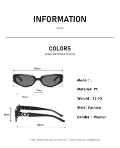 Dimensiones detalladas y especificaciones técnicas de las gafas de sol ojo de gato con cristales.