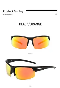 Detail view of black sports sunglasses with orange mirrored polarized lenses