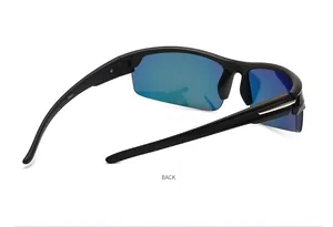 Back view of polarized cycling sunglasses with black frame and blue mirrored lenses