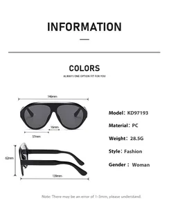 Detailed technical specifications and dimensions for futuristic black oversized sunglasses