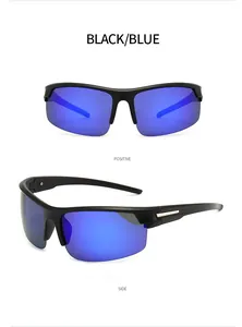 Detailed front and side views of sports sunglasses with black frame and blue lenses