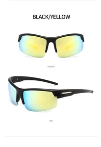 Front and side views of black cycling sunglasses with yellow gradient lenses
