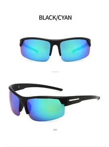 Detailed front and side views of black polarized cycling sunglasses with cyan lenses