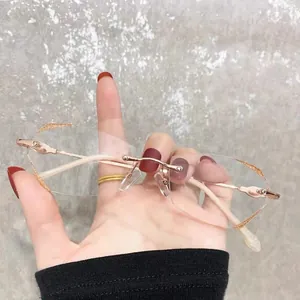 Vue détaillée de lunettes de lecture sans monture avec bords scintillants.