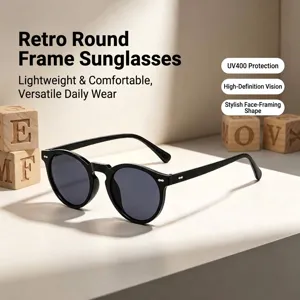 Detailed view of retro round black sunglasses featuring classic silver rivet accents