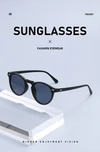 Detailed view of retro round sunglasses with black frames on a transparent block