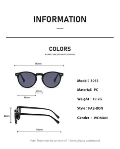 Vintage round sunglasses with black PC frame and 19.2g lightweight design for women