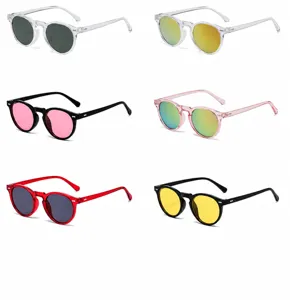 Detail view of retro round sunglasses with rice-nail rivets in multiple color variants