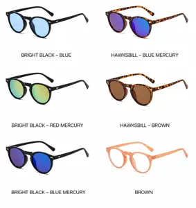 Close-up detail of retro round sunglasses showing multiple frame and lens color options