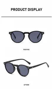 Retro round sunglasses with bright black frame and grey lenses in multi-angle display