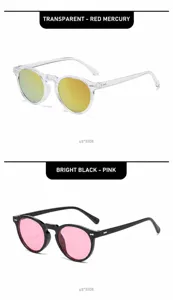 Detail view of retro round sunglasses showing transparent and black frame styles