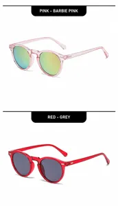 Detailed side views of retro round sunglasses in pink and red transparent frames
