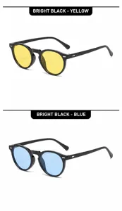 Close-up of vintage round sunglasses with black frames and yellow or blue lens options