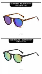 Detailed side view of retro round sunglasses in tortoiseshell and black frames.