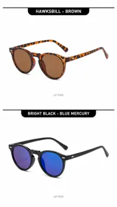 Detail of retro round sunglasses in tortoiseshell and black frames with 45-degree side view.