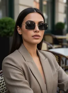 Macro view of a model wearing high-end frameless rectangular sunglasses with gold-tone arms