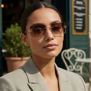 Close-up view of stylish rimless square sunglasses with brown gradient lenses on a model