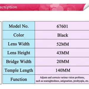 Detailed size chart and specifications for black pinhole glasses model 67601 for vision