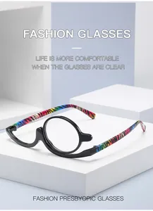 Detailansicht der Schmink-Lesebrille mit einem Glas und bunten Bügeln im Tiger-Look