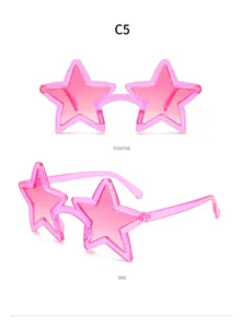 Vue de face et de côté de lunettes de soleil roses en forme d'étoile pour la fête.