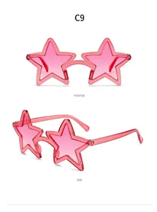 Vue détaillée de lunettes de soleil de fête en forme d'étoile rose avec paillettes sous divers angles.