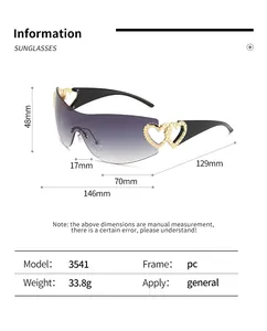 Tableau des spécifications techniques des lunettes de soleil Y2K avec détails de cœur
