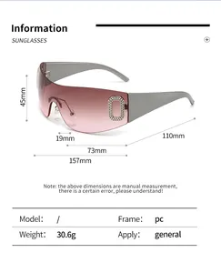 Détail de lunettes de soleil sans monture Y2K montrant les dimensions et le matériau PC