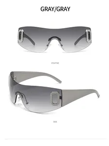 Vue détaillée de face et de côté des lunettes Y2K sans monture avec verres dégradés