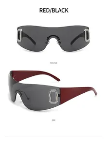 Lunettes de soleil enveloppantes Y2K sans monture en rouge et noir, vues détaillées.