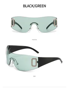 Lunettes de soleil de sport Y2K sans monture avec verre vert et monture noire