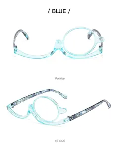 Blaue Make-up-Lesebrille mit drehbarer Einzellinse in Front- und 45-Grad-Ansicht