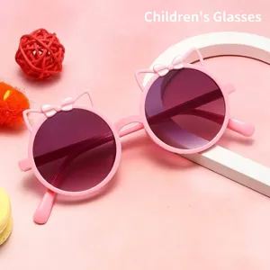 Cute pink children sunglasses featuring cat ears round frame and bow tie decoration