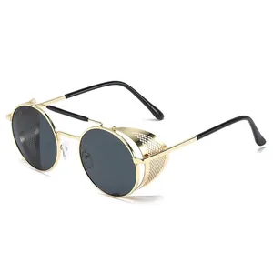 Retro steampunk zonnebril met rond metalen frame en goudkleurige mesh zijschilden