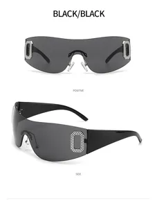 Vues détaillées de lunettes de soleil Y2K sans monture noires avec charnières strassées.