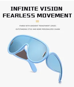 Occhiali da sole Y2K blu oversize futuristici con design a lente unica e dettagli in metallo