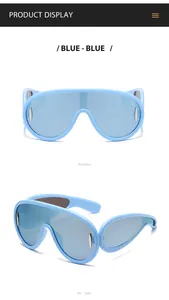 Dettagli completi degli occhiali da sole futuristici azzurri stile Y2K da diverse angolazioni.