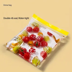 Transparent food-grade freezer storage bags with yellow sealer and cute bear pattern