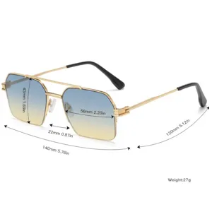 Detail view showing dimensions of retro metal double bridge square sunglasses.