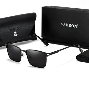 Detail view of men's polarized sunglasses set with metal frame and black storage case