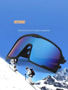 Detailansicht der professionellen Outdoor-Sportsonnenbrille mit blauen Gläsern.