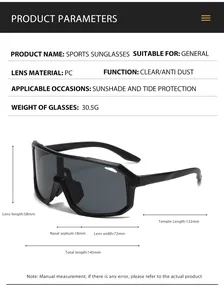 Detailed dimension parameters of black sports sunglasses for windproof outdoor cycling use