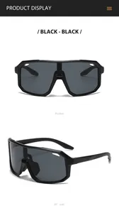Front and 45-degree side view display of black oversized sports cycling sunglasses.