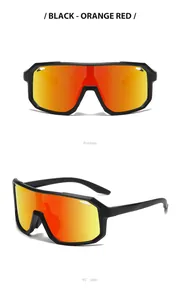 Oversized sports sunglasses with orange-red mirrored lenses shown in front and side views